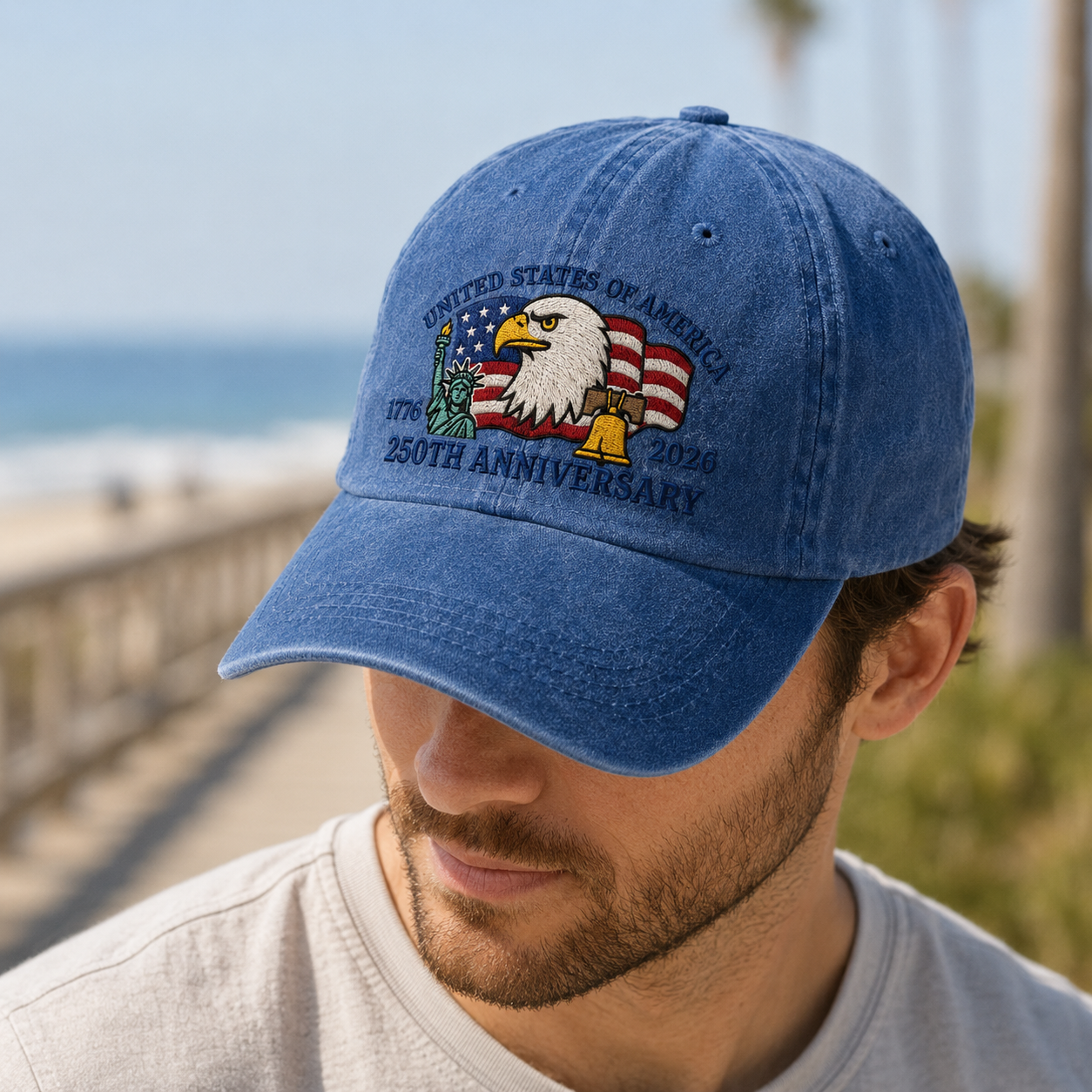 United States of America 250th Anniversary Washed Cap, 1776 2026 Patriotic Eagle Hat - washed cap - lifestyle view 9