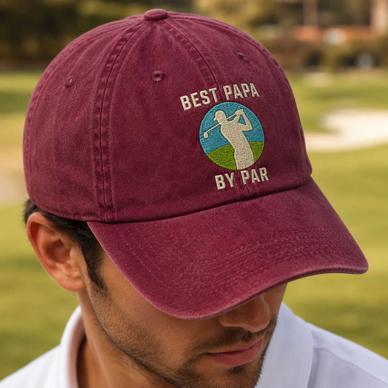 Golf Papa Washed Cap, Fathers Day Golfer Hat with Best Papa By Par Embroidery - Washed Cap - lifestyle view 4