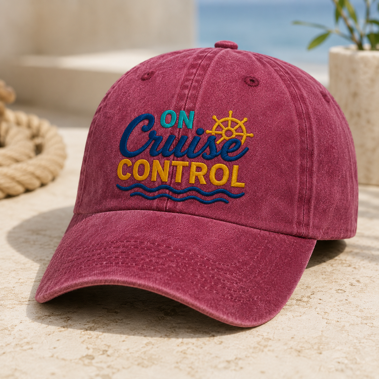 On Cruise Control Washed Cap, Nautical Vacation Dad Hat for Beach Trips - Washed Cap - detail view