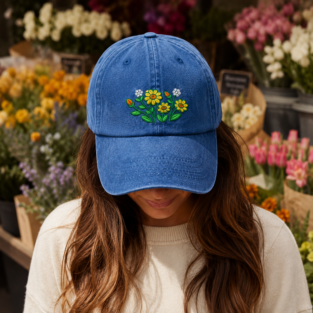 Daisy Wildflower Embroidered Washed Cap, Botanical Garden Gift - washed cap - lifestyle view 8