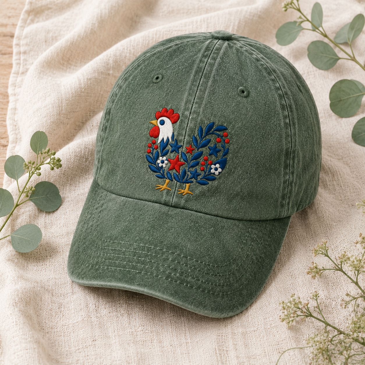 Folk Rooster Washed Cap, Embroidered Floral Chicken Baseball Hat - washed cap - lifestyle view 3