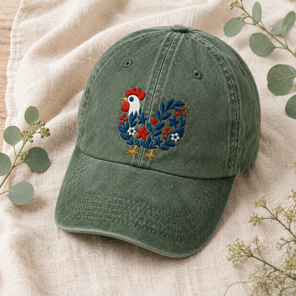Folk Rooster Washed Cap, Embroidered Floral Chicken Baseball Hat - washed cap - lifestyle view 3