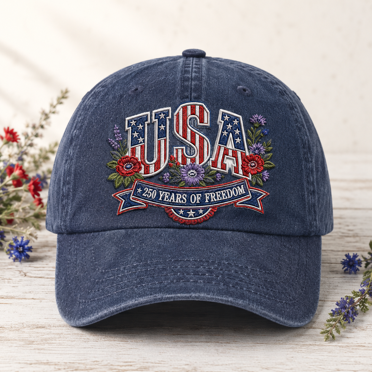 USA 250 Years of Freedom Washed Cap, Patriotic America Hat for 4th of July - washed cap - front view