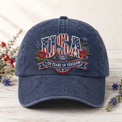 USA 250 Years of Freedom Washed Cap, Patriotic America Hat for 4th of July - washed cap - front view