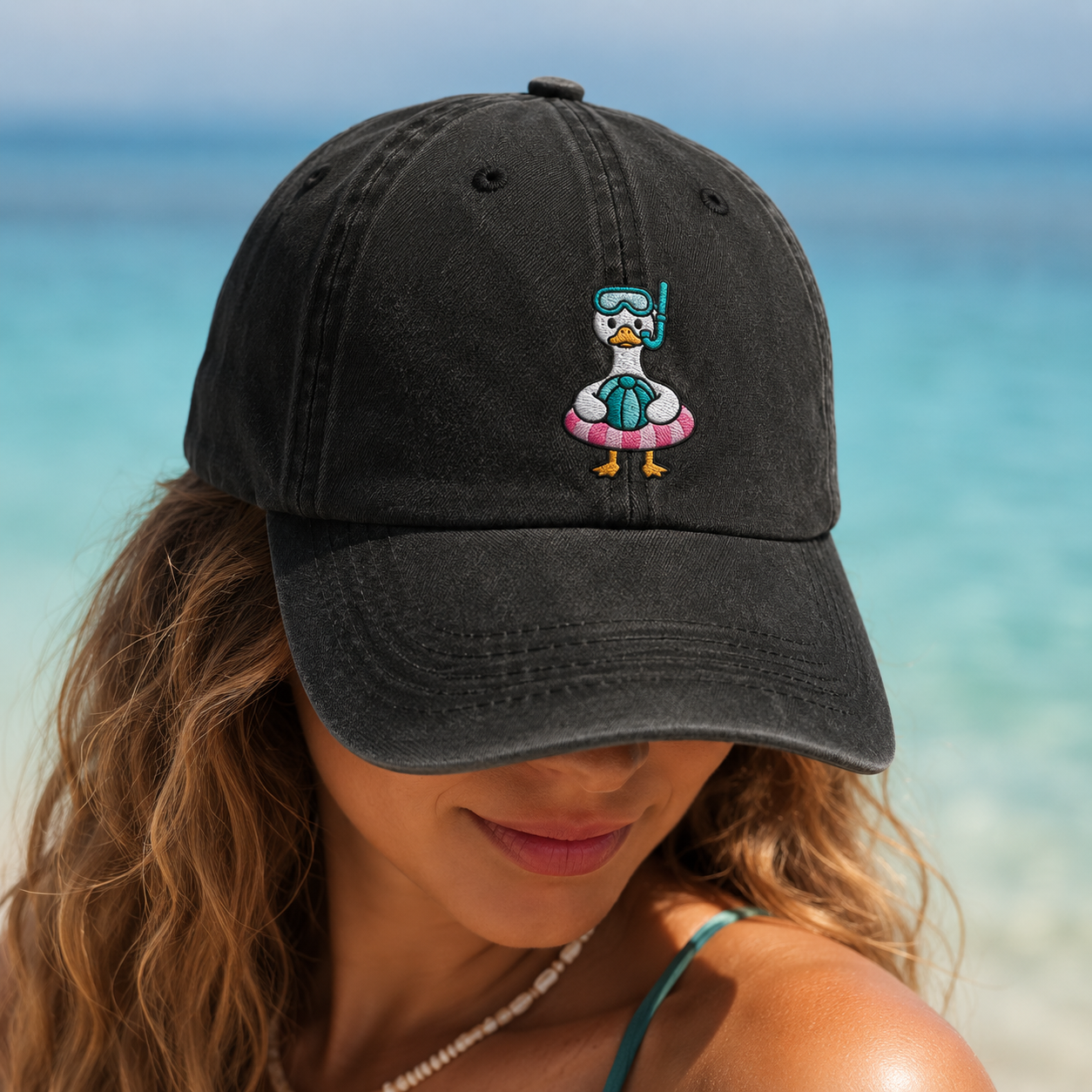 Snorkel Duck Washed Cap, Beach Bird Embroidered Summer Hat - Washed Cap - lifestyle view 3
