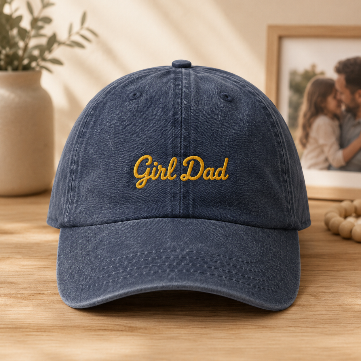 Girl Dad Washed Cap, Gold Script Embroidery Gift for Fathers Day - Washed Cap - front view