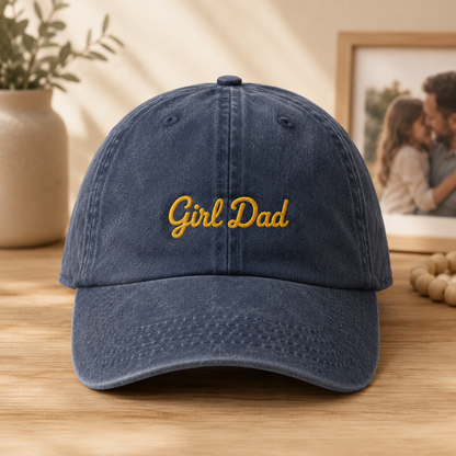 Girl Dad Washed Cap, Gold Script Embroidery Gift for Fathers Day - Washed Cap - front view