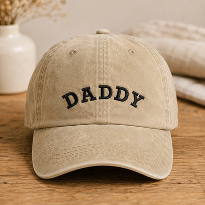 Daddy Embroidered Washed Cap, Father's Day Gift for New Dad - Washed Cap - front view