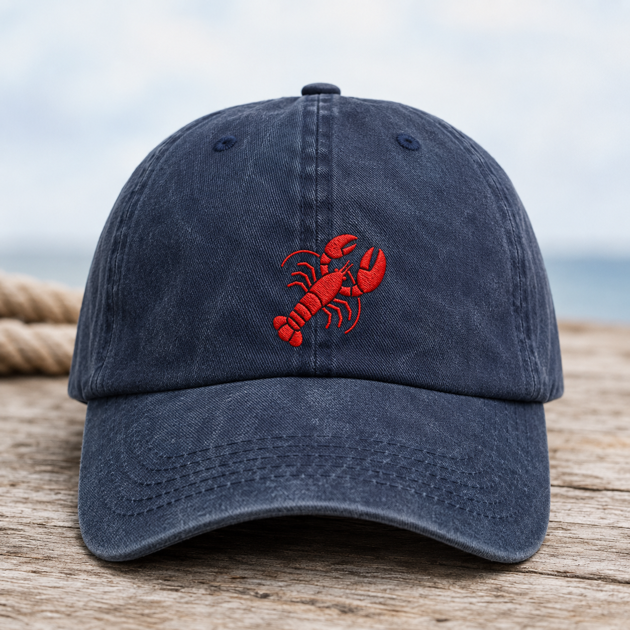 Red Lobster Embroidered Washed Cap, Coastal Seafood Lover Hat - Washed Cap - front view