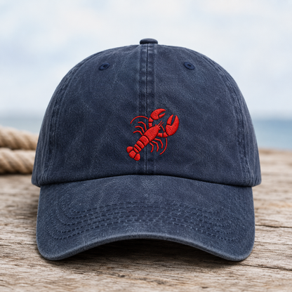 Red Lobster Embroidered Washed Cap, Coastal Seafood Lover Hat - Washed Cap - front view