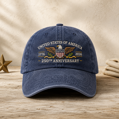 United States of America 250th Anniversary Washed Cap, 1776 2026 Patriotic Eagle Hat - washed cap - front view