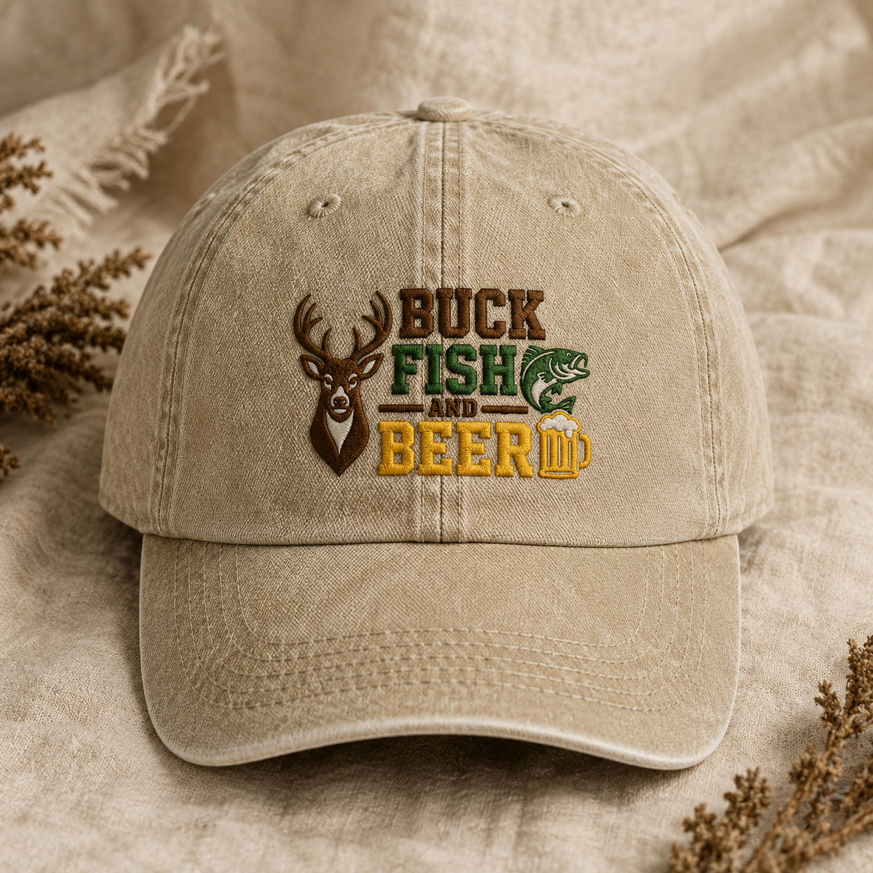 Buck Fish and Beer Washed Cap, Deer Bass Embroidered Hat for Outdoorsmen - Washed Cap - lifestyle view 2