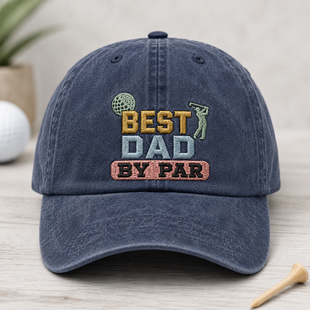 Best Dad By Par Washed Cap, Golf Dad Embroidered Hat for Father's Day - Washed Cap - front view