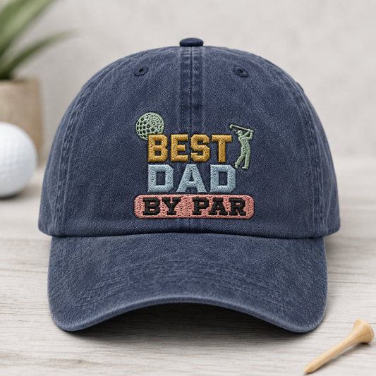 Best Dad By Par Washed Cap, Golf Dad Embroidered Hat for Father's Day - Washed Cap - front view