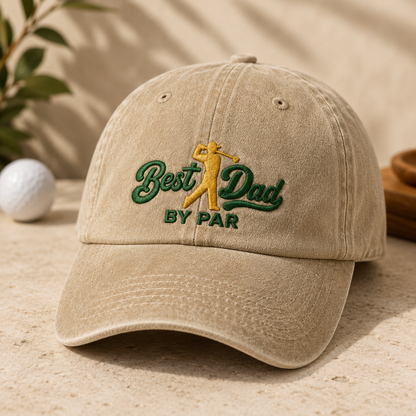 Best Dad By Par Golf Washed Cap, Embroidered Dad Hat for Fathers Day Gift - Washed Cap - detail view