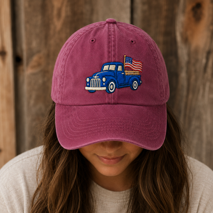 Blue Pickup Truck American Flag Washed Cap, Rustic July Fourth Dad Gift - washed cap - lifestyle view 6