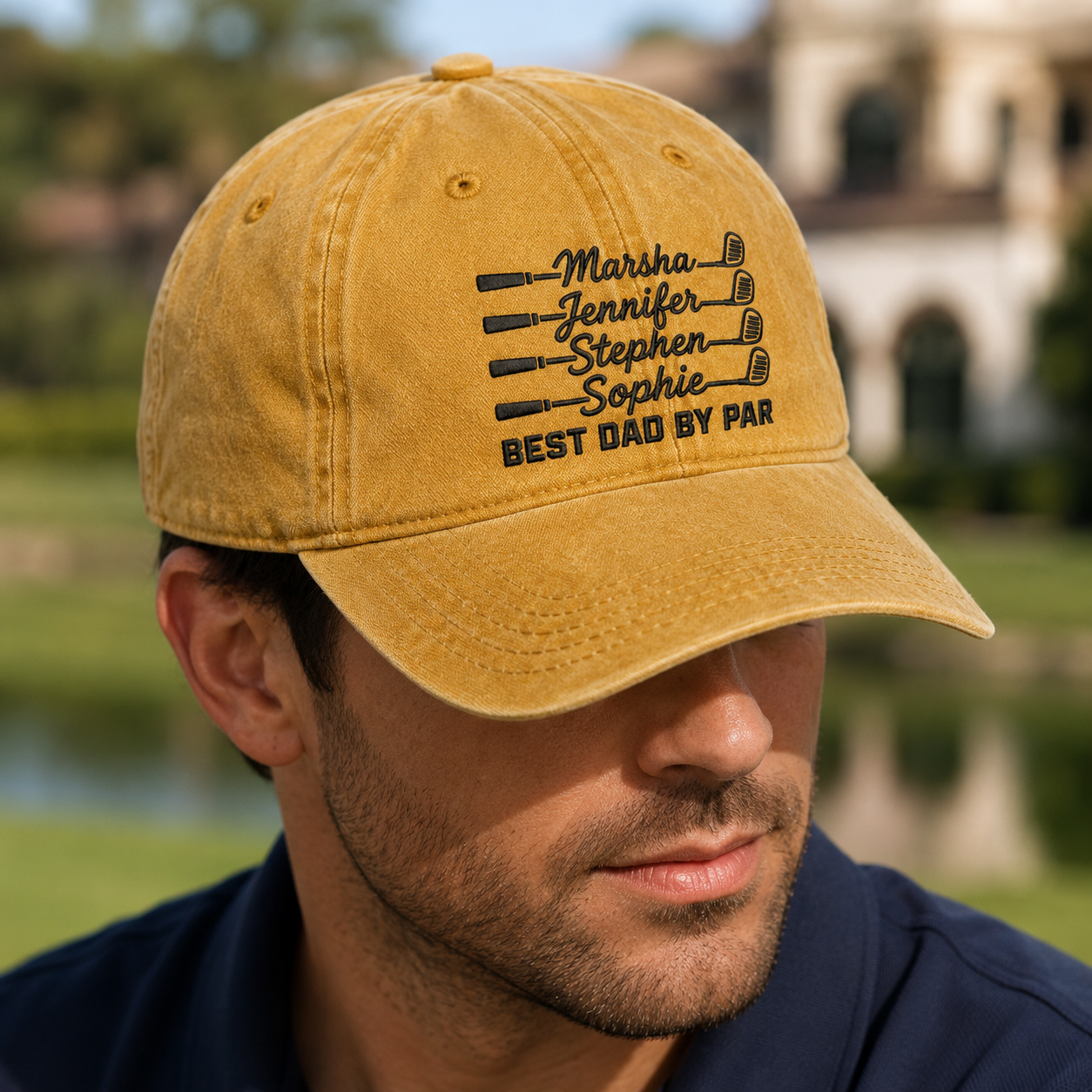 Best Dad By Par Golf Hat, Personalized Kids Names Washed Cap for Father's Day - Washed Cap - lifestyle view 3