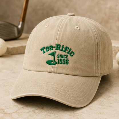 Tee-Rific Since 1936 Washed Cap, Funny Golf Birthday Hat for Retired Players - Washed Cap - detail view