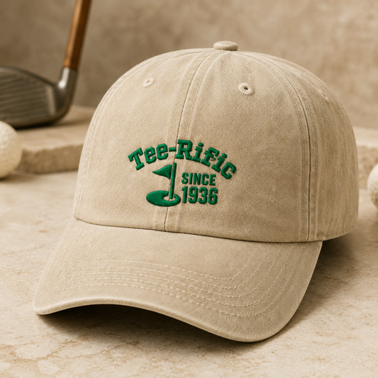 Tee-Rific Since 1936 Washed Cap, Funny Golf Birthday Hat for Retired Players - Washed Cap - detail view