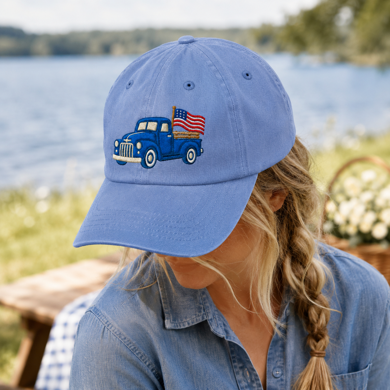 Blue Pickup Truck American Flag Washed Cap, Rustic July Fourth Dad Gift - washed cap - lifestyle view 9