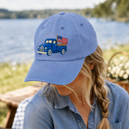 Blue Pickup Truck American Flag Washed Cap, Rustic July Fourth Dad Gift - washed cap - lifestyle view 9