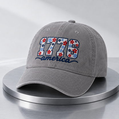 1776 America Floral Embroidered Washed Cap, Patriotic Coquette Hat for Fourth of July - washed cap - lifestyle view 4