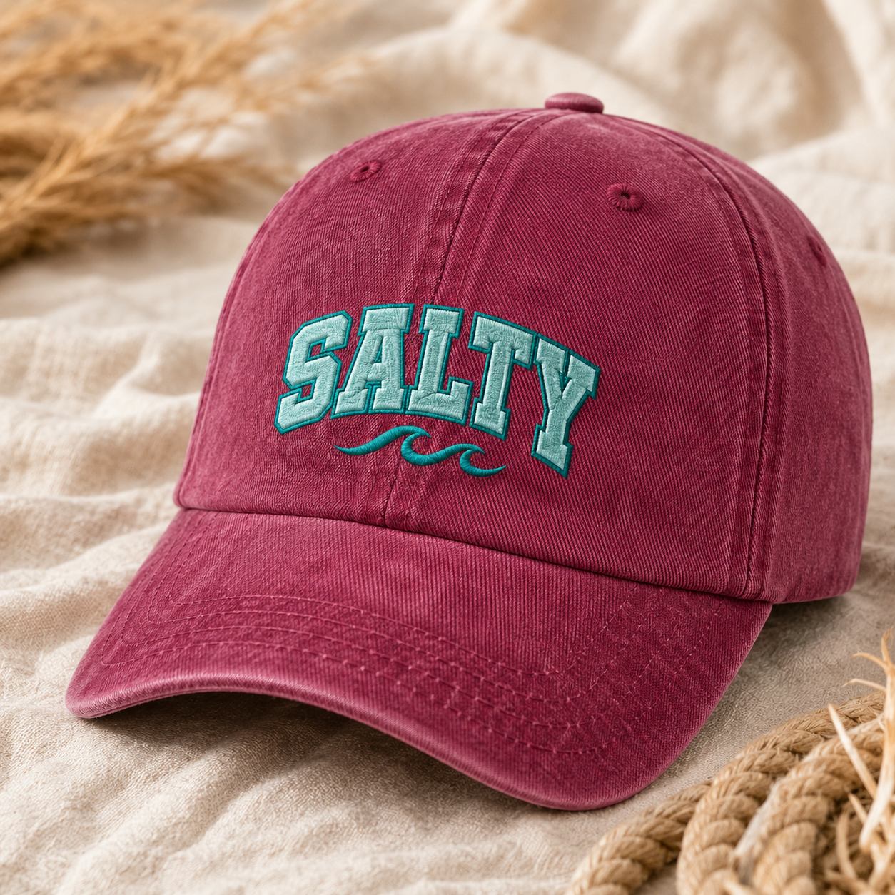 Salty Washed Cap, Embroidered Wave Beach Hat for Coastal Style - Washed Cap - lifestyle view 2