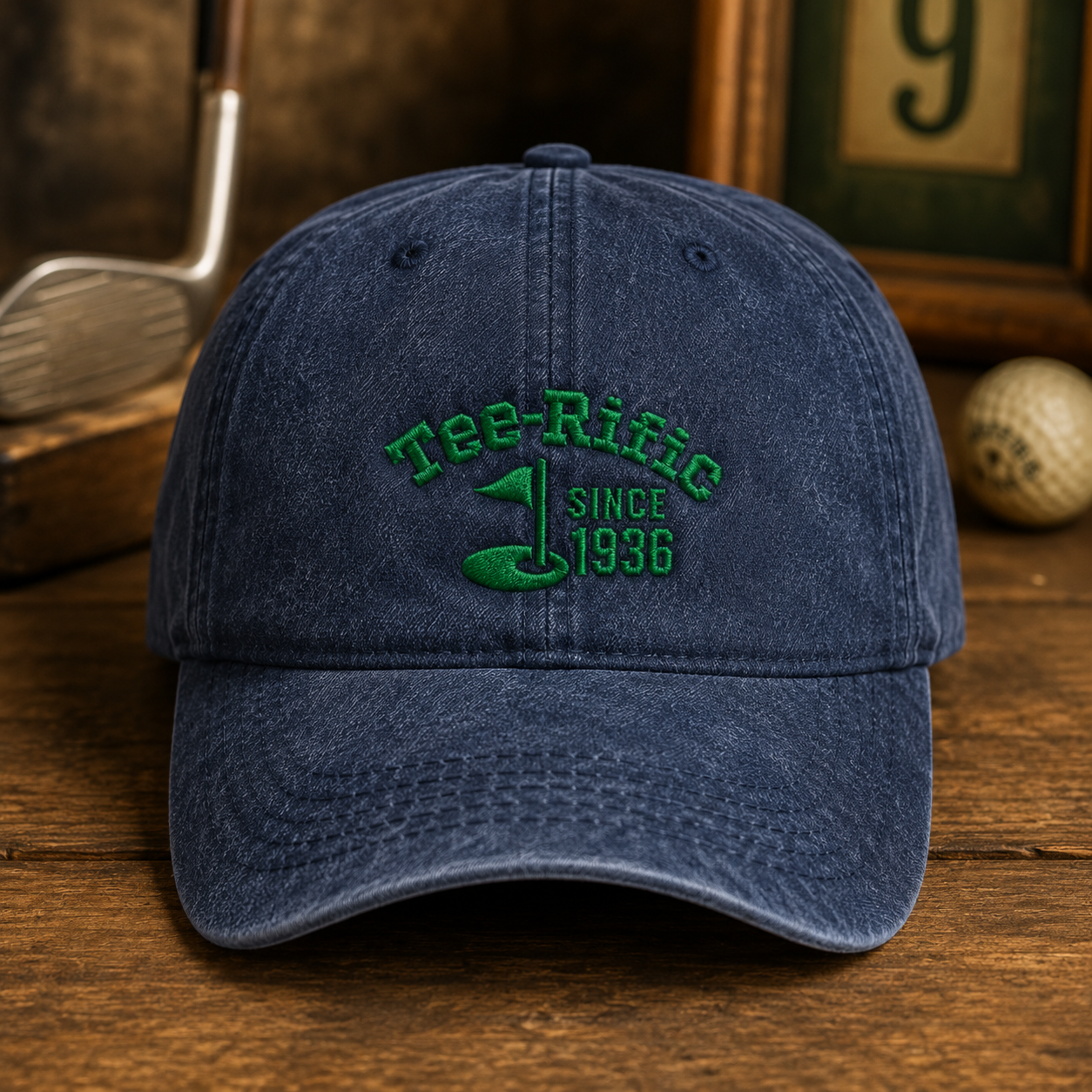 Tee-Rific Since 1936 Washed Cap, Funny Golf Birthday Hat for Retired Players - Washed Cap - front view