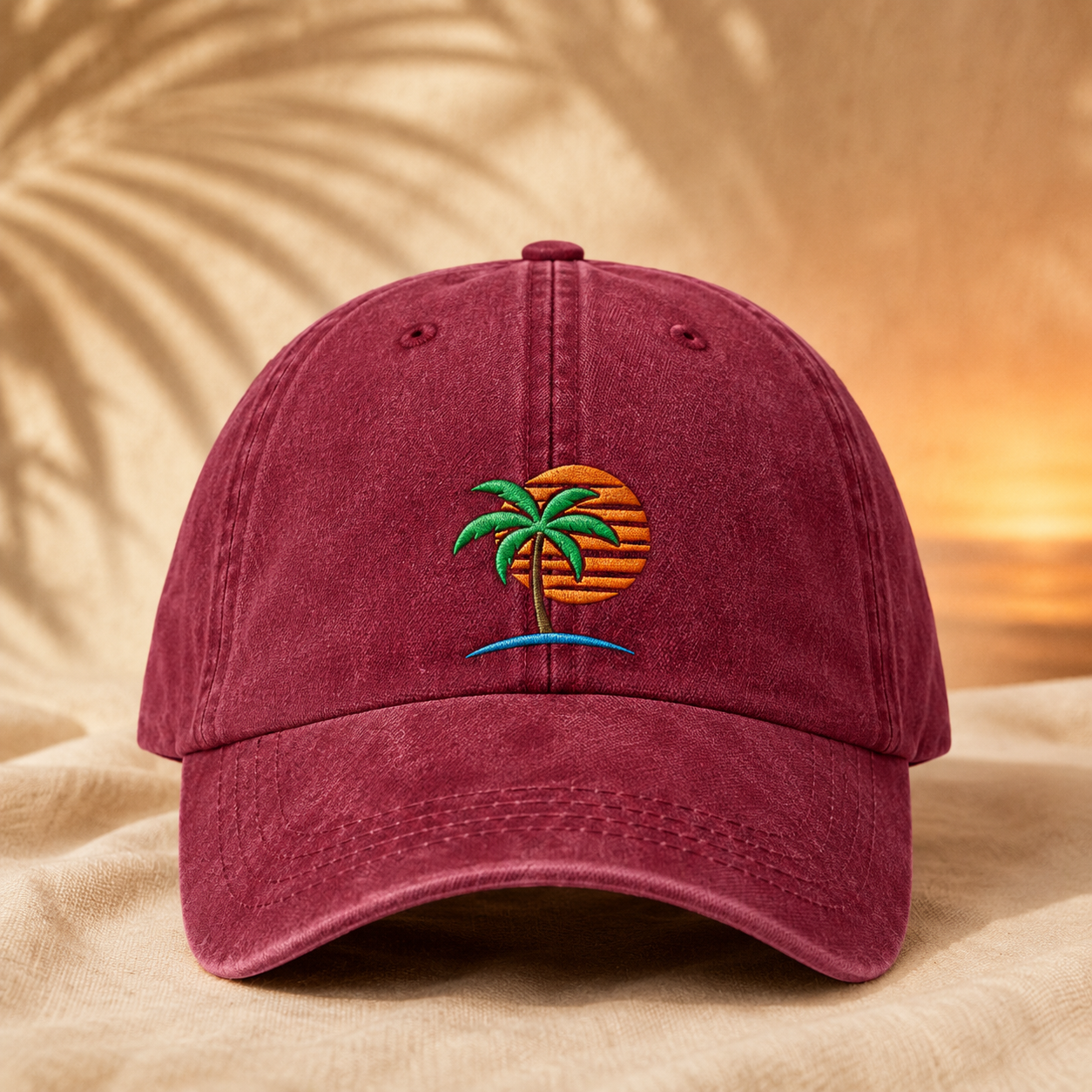 Palm Tree Sunset Washed Cap, Tropical Beach Hat for Vacation Lovers - Washed Cap - lifestyle view 2
