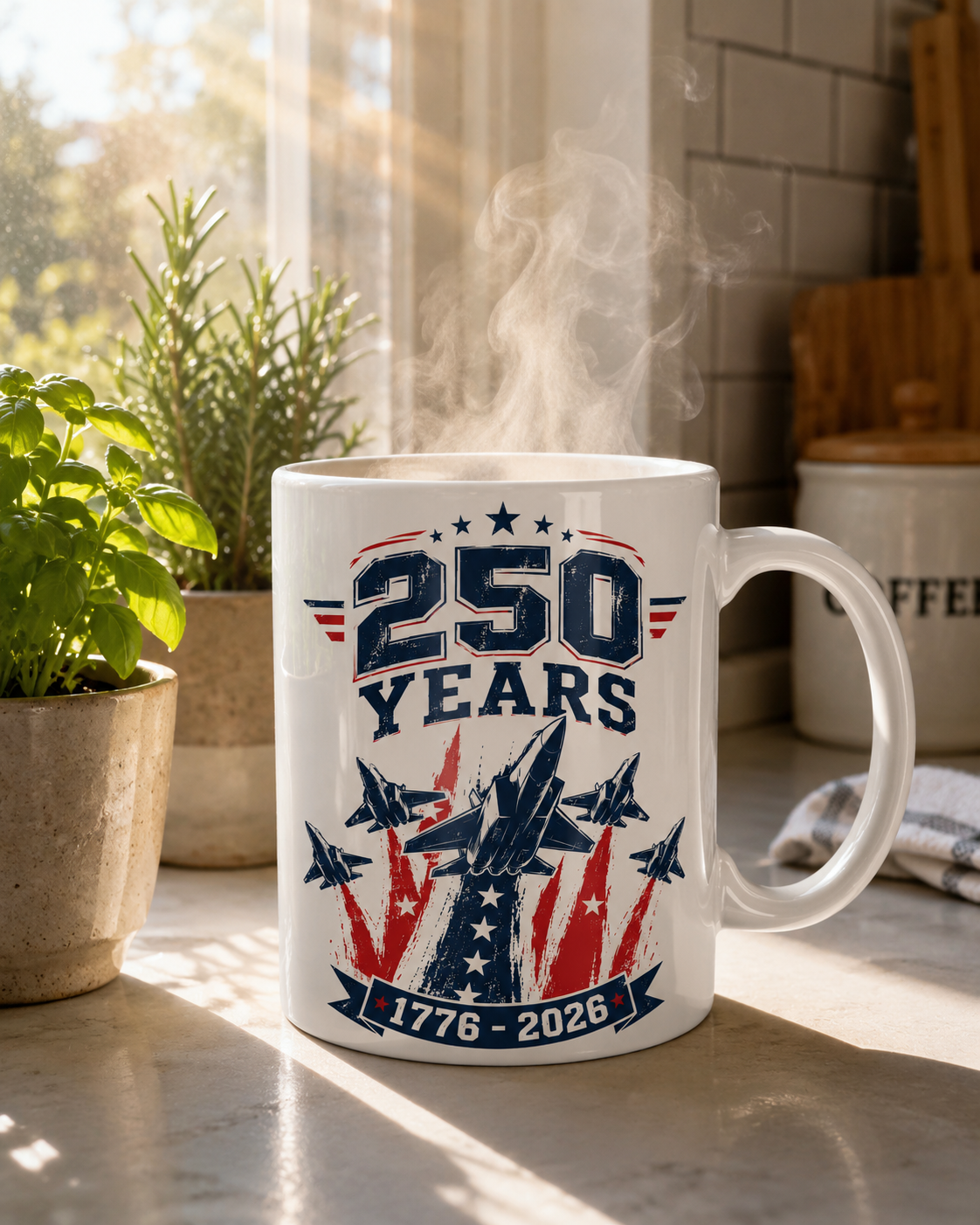 250 Years Coffee Mug, 1776-2026 Patriotic Fighter Jet Ceramic Cup - Mug - lifestyle view 3