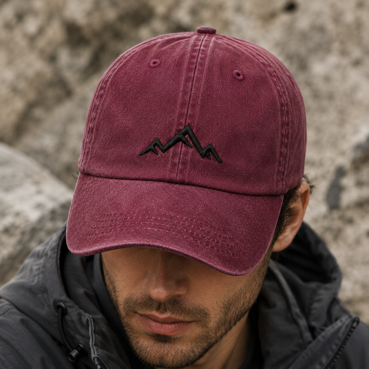 Minimalist Mountain Washed Cap, Black Embroidered Peak Hiking Hat - Washed Cap - lifestyle view 6