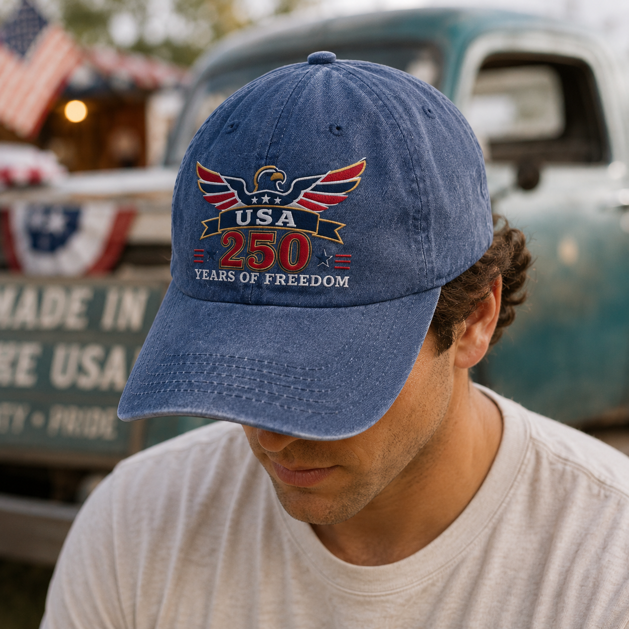 USA 250 Years of Freedom Washed Cap, Patriotic Eagle Hat for America 250th Anniversary - washed cap - detail view
