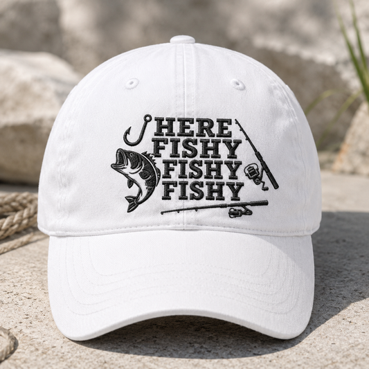 Here Fishy Fishy Fishy Washed Cap, Funny Bass Fishing Hat - Washed Cap - detail view