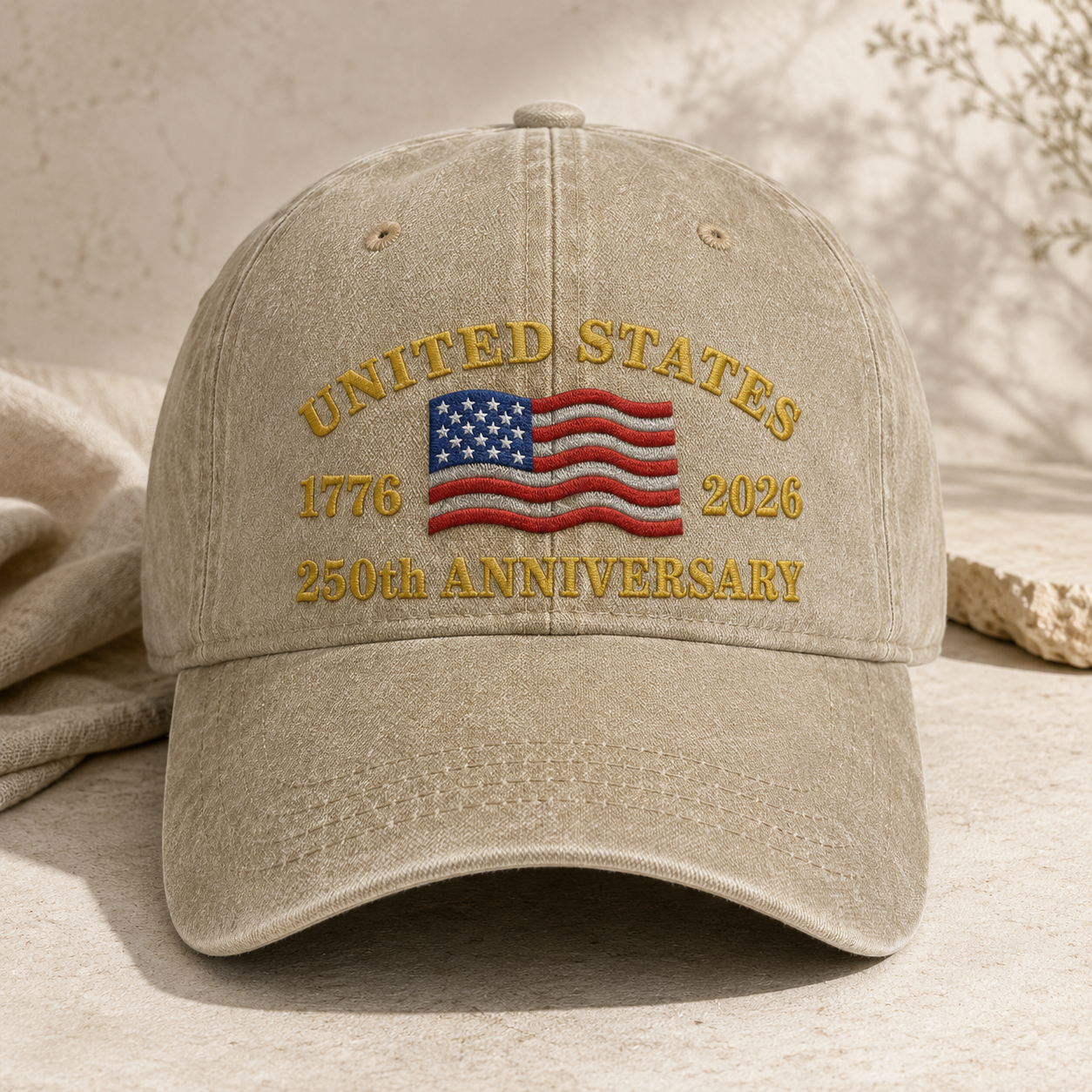 United States 250th Anniversary Washed Cap, 1776 2026 Embroidered Flag Hat - washed cap - front view