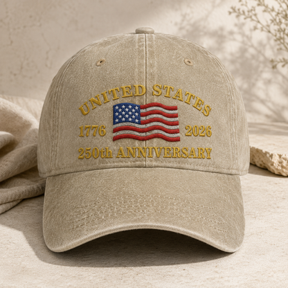 United States 250th Anniversary Washed Cap, 1776 2026 Embroidered Flag Hat - washed cap - front view