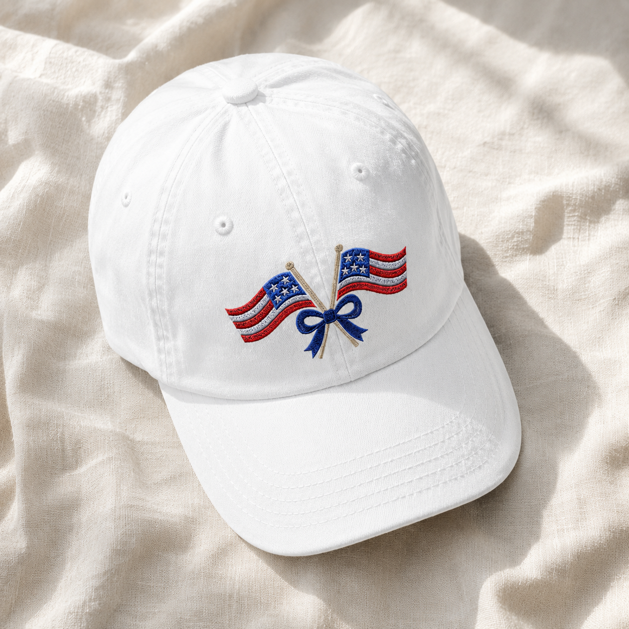 Patriotic Crossed Flags Washed Cap, USA Bow Embroidered Hat for Independence Day - washed cap - lifestyle view 4