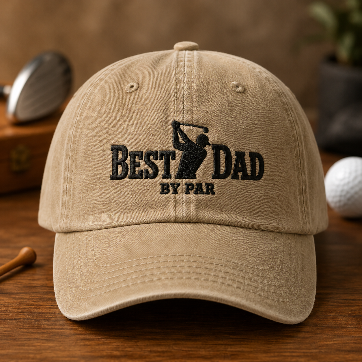 Best Dad By Par Golf Washed Cap, Funny Fathers Day Gift for Golfer Dad - Washed Cap - front view