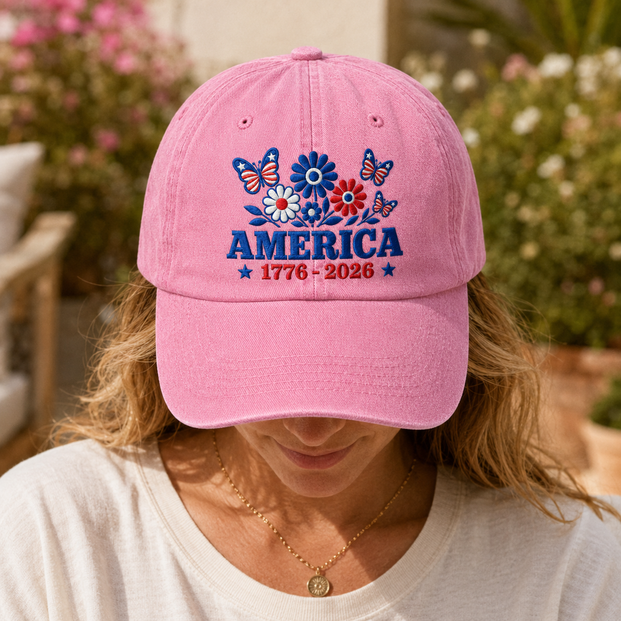 America 1776-2026 Floral Washed Cap, Patriotic Butterfly Headwear - washed cap - lifestyle view 8