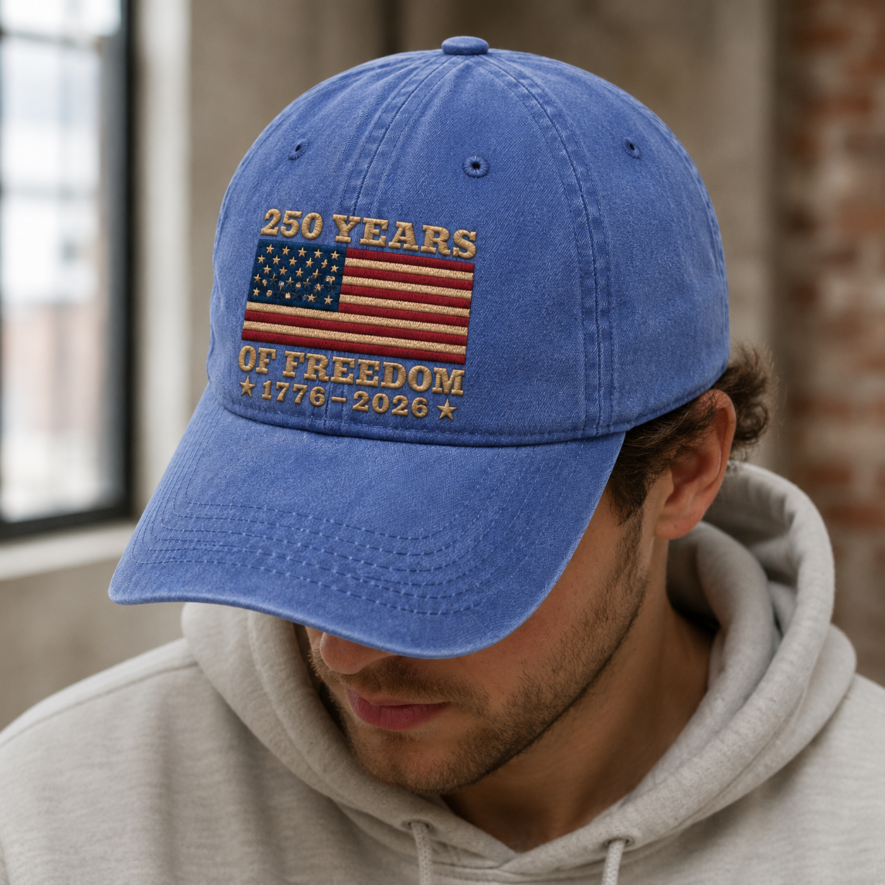 250 Years of Freedom Washed Cap, 1776-2026 American Flag 250th Anniversary Hat - washed cap - lifestyle view 9