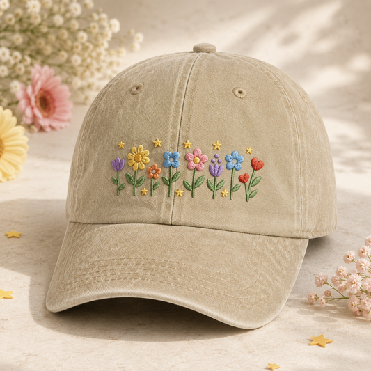 Embroidered Wildflower Washed Cap, Cottagecore Gift for Garden Lovers - Washed Cap - detail view