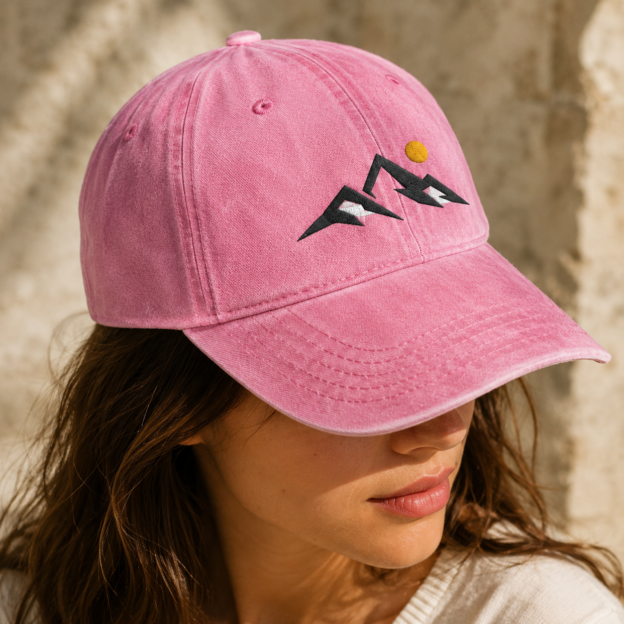 Mountain Sunset Washed Cap, Embroidered Hiking Hat for Outdoor Adventure Lovers - Washed Cap - detail view