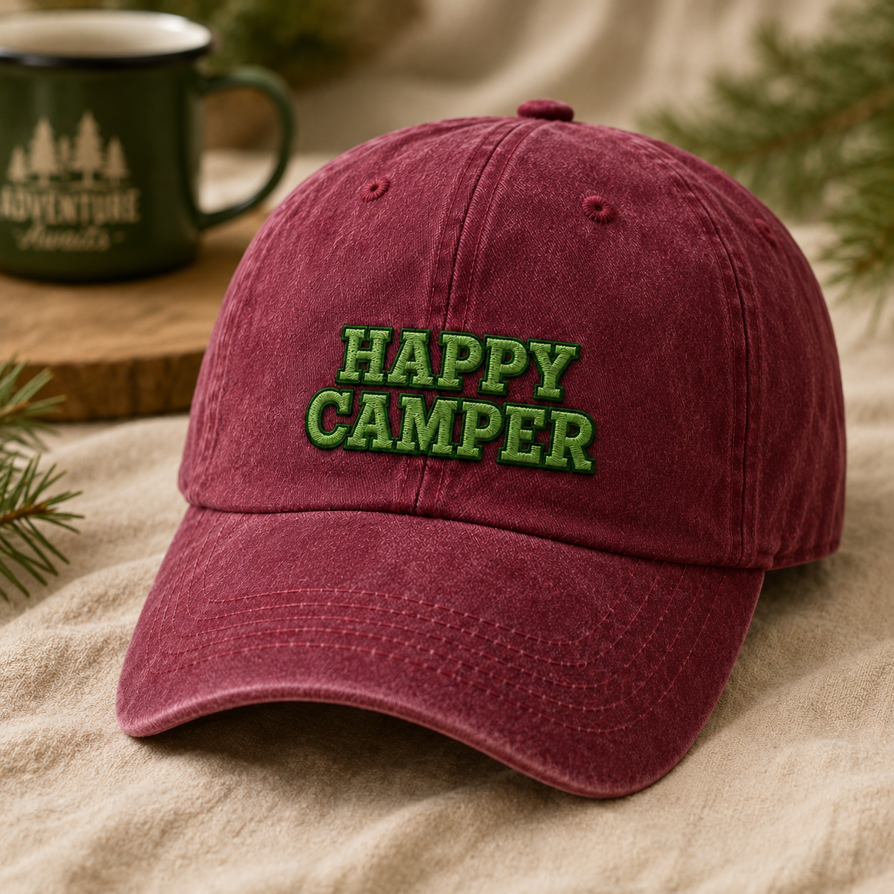 Happy Camper Washed Cap, Green Embroidered Camping Hat for Outdoor Lovers - Washed Cap - lifestyle view 4