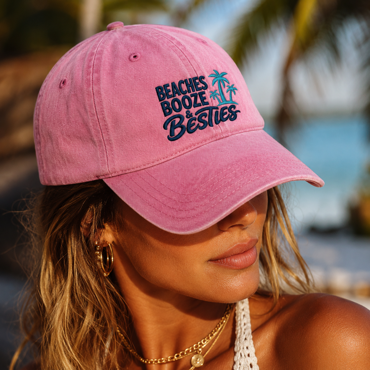 Beaches Booze & Besties Washed Cap, Tropical Palm Tree Vacation Hat - Washed Cap - lifestyle view 4