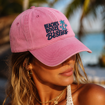 Beaches Booze & Besties Washed Cap, Tropical Palm Tree Vacation Hat - Washed Cap - lifestyle view 4