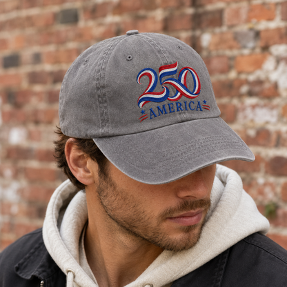 250 America Washed Cap, Patriotic 250th Anniversary USA Hat - washed cap - lifestyle view 5