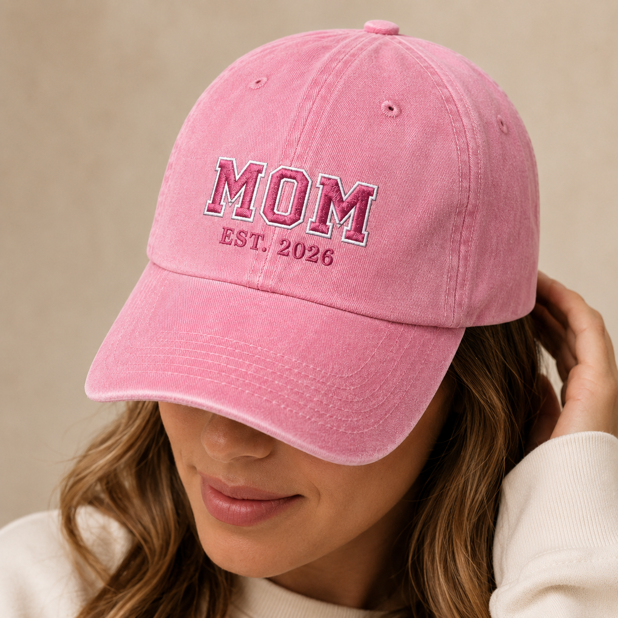 Mom Est. 2026 Washed Cap, Embroidered New Mom Baseball Hat Gift - Washed Cap - detail view