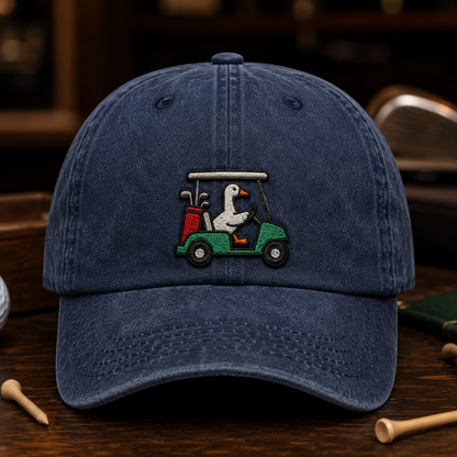Goose Driving Golf Cart Hat, Funny Golf Dad Cap - Washed Cap - front view