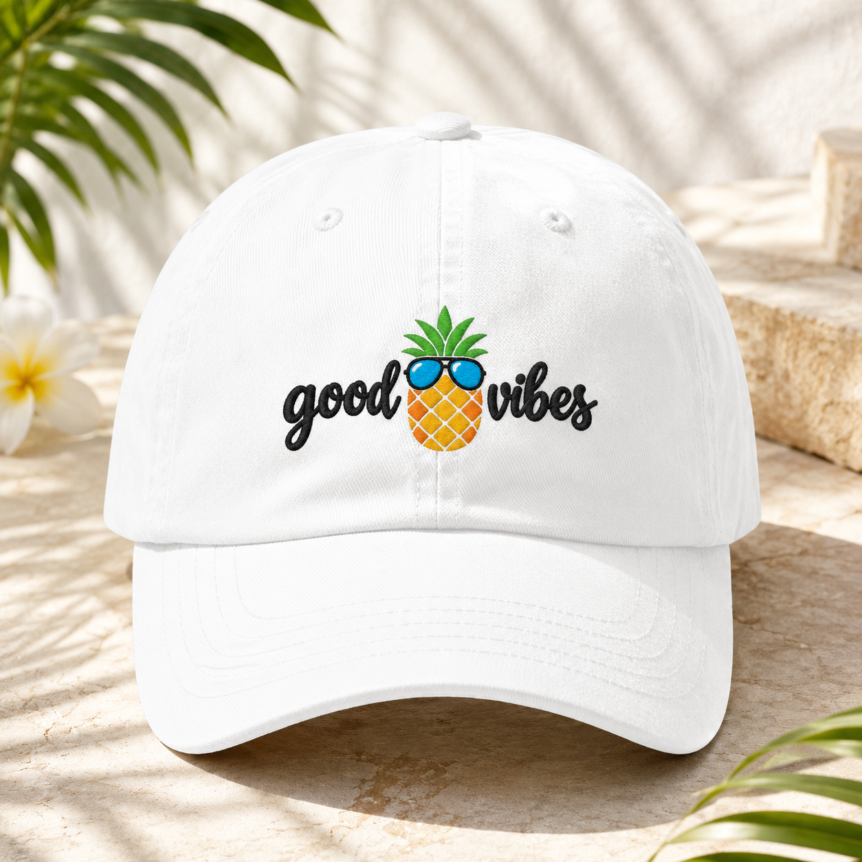 Good Vibes Pineapple Washed Cap, Tropical Vacation Hat - Washed Cap - front view
