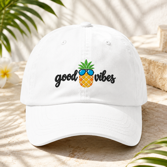 Good Vibes Pineapple Washed Cap, Tropical Vacation Hat - Washed Cap - front view