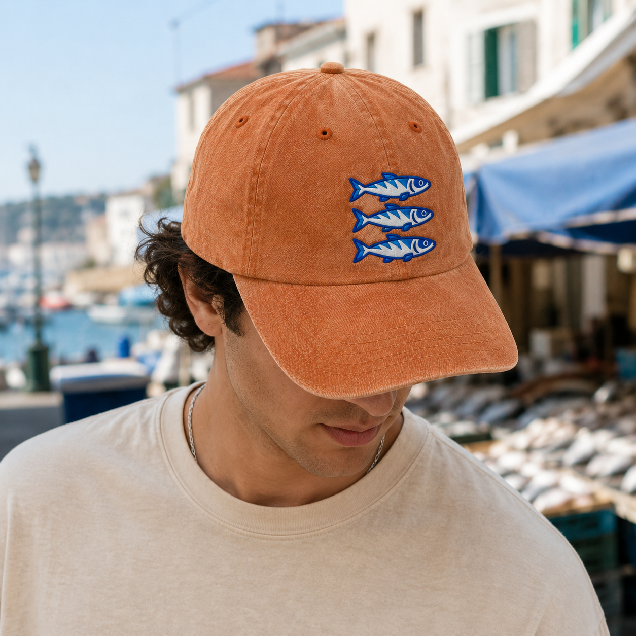 Three Blue Sardines Washed Cap, Embroidered Fish Hat for Seafood Lovers - Washed Cap - lifestyle view 9